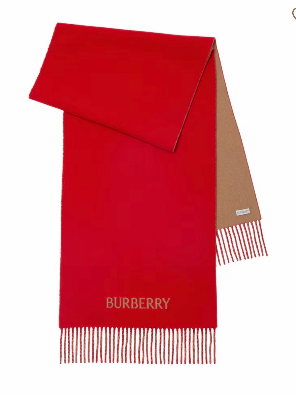Burberry Red and Tan Reversible Cashmere Scarf with Logo EDK